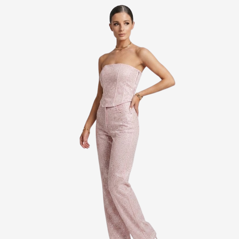 NOMU | Women's Rhinestone Denim Corset & Wide-Leg Jeans Set – Glam Strapless Co-Ord Outfit