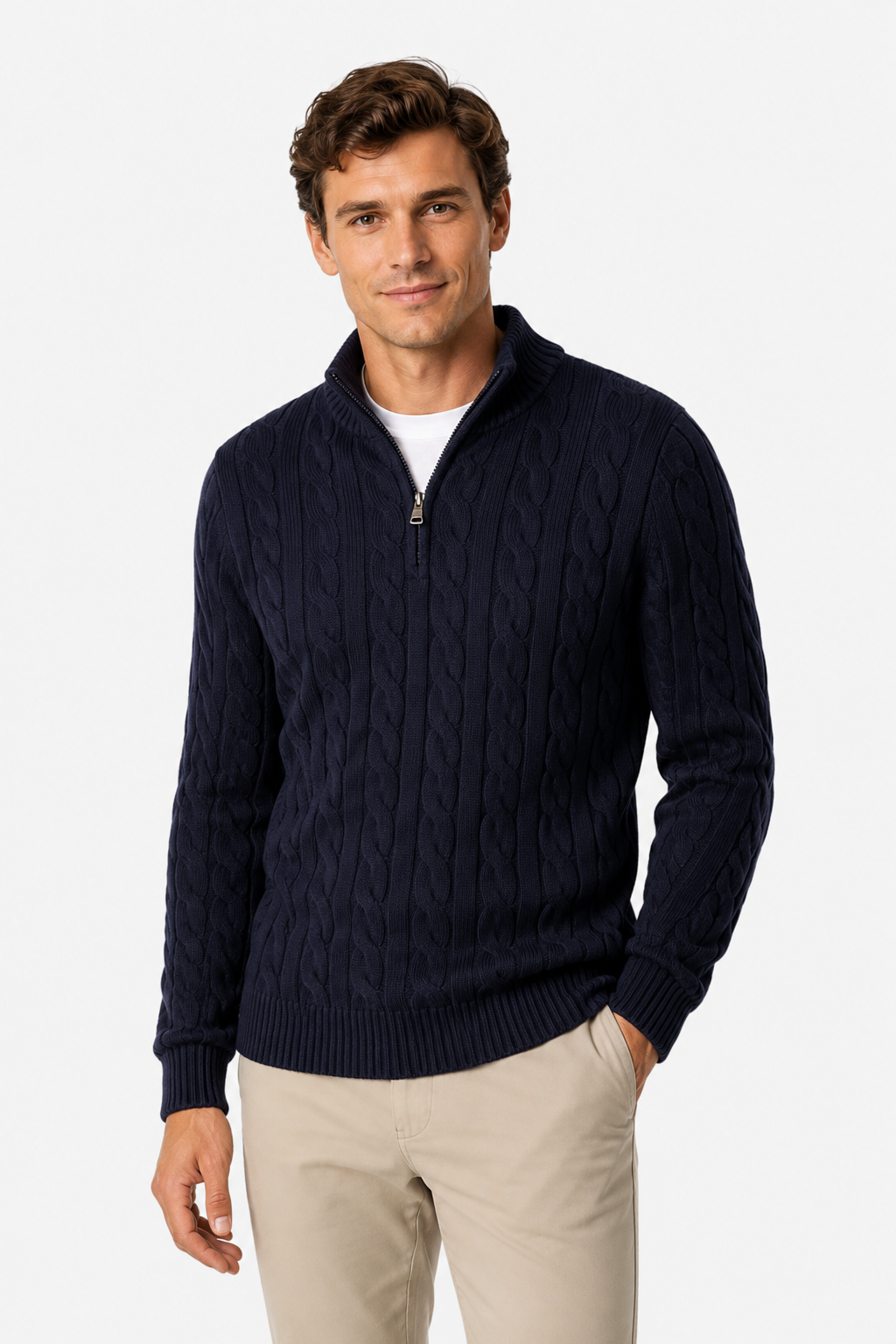 NOMU | Men's Cable Knit Quarter Zip Sweater – Classic Ribbed Pullover