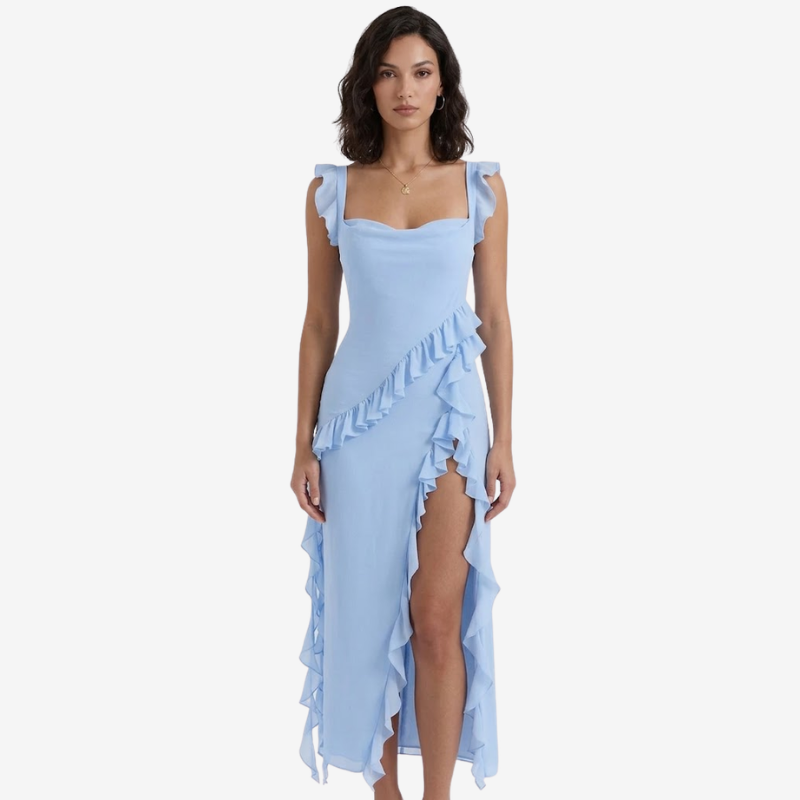 NOMU | Women's Ruffle Trim High Slit Maxi Dress – Elegant Sleeveless Evening Dress