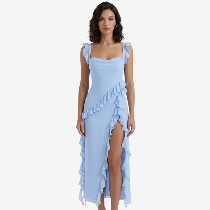 NOMU | Women's Ruffle Trim High Slit Maxi Dress – Elegant Sleeveless Evening Dress