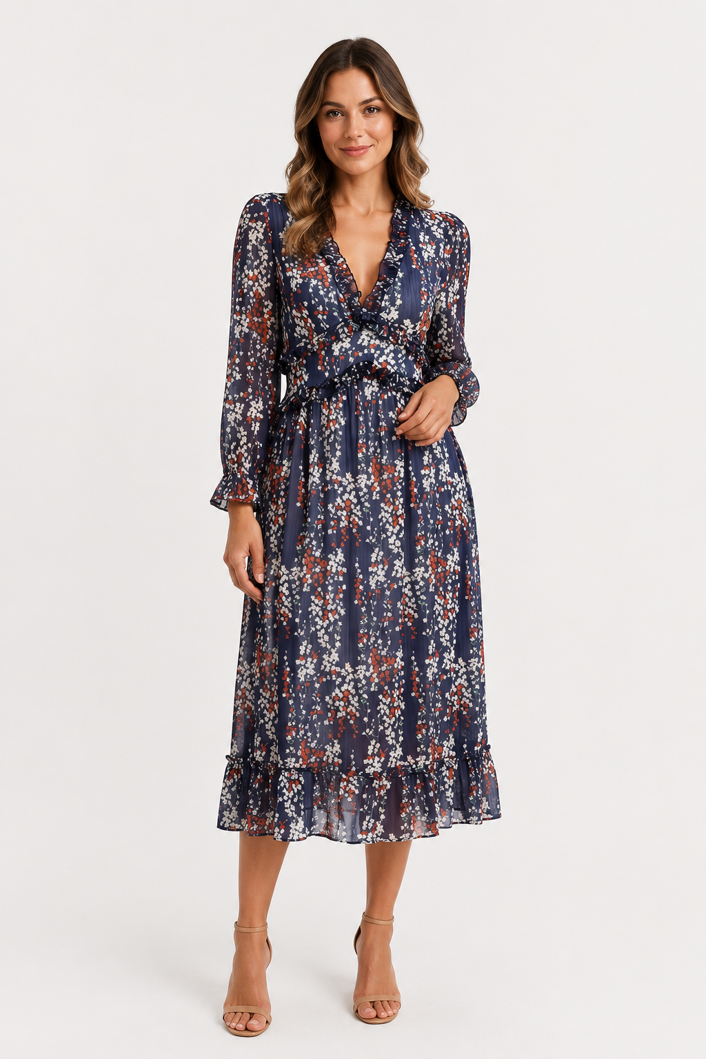NOMU | Women's Floral Midi Dress – V Neck Long Sleeve Ruffle Trim Design