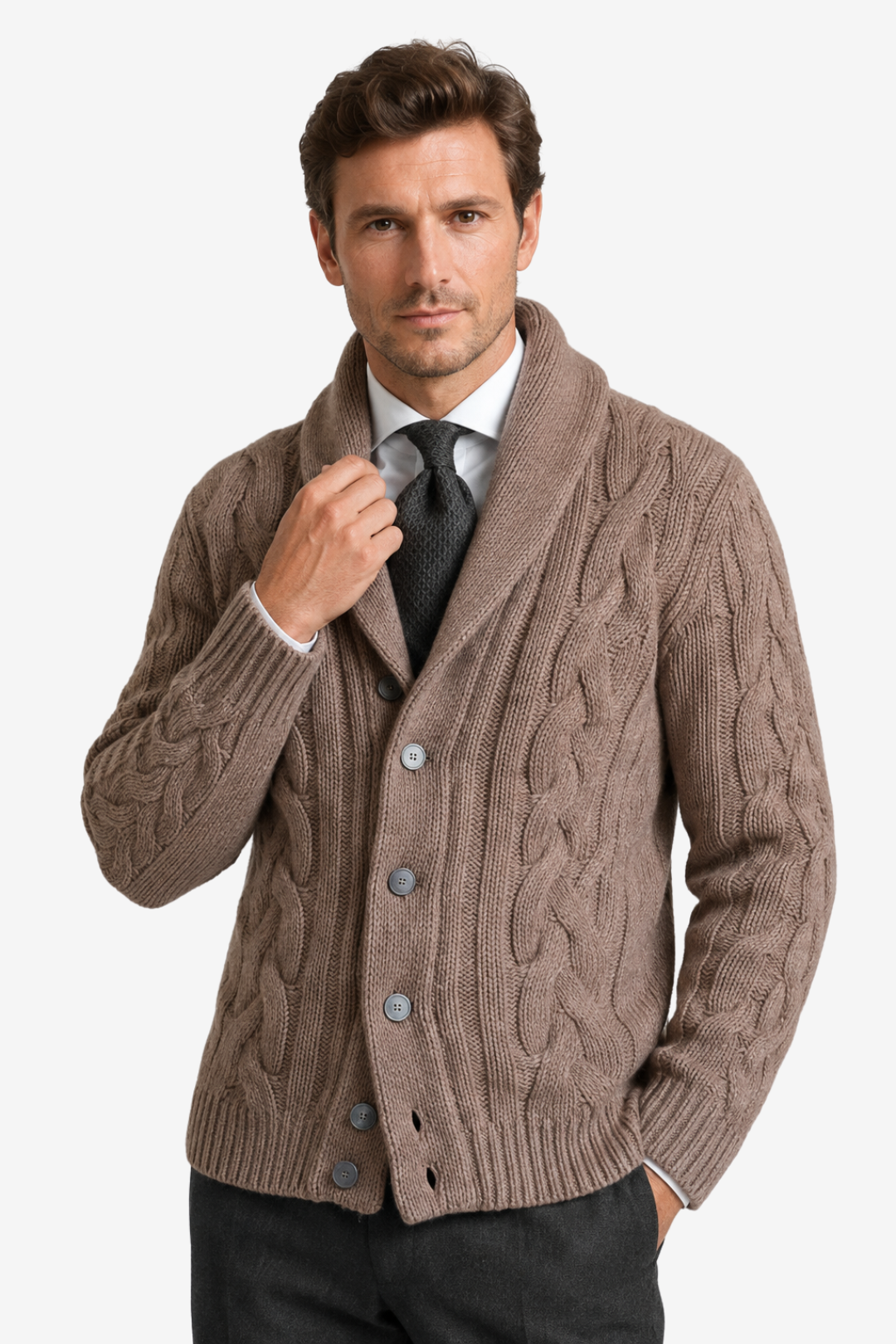 NOMU | Men's Cable Knit Cardigan – Shawl Collar Button Front Design