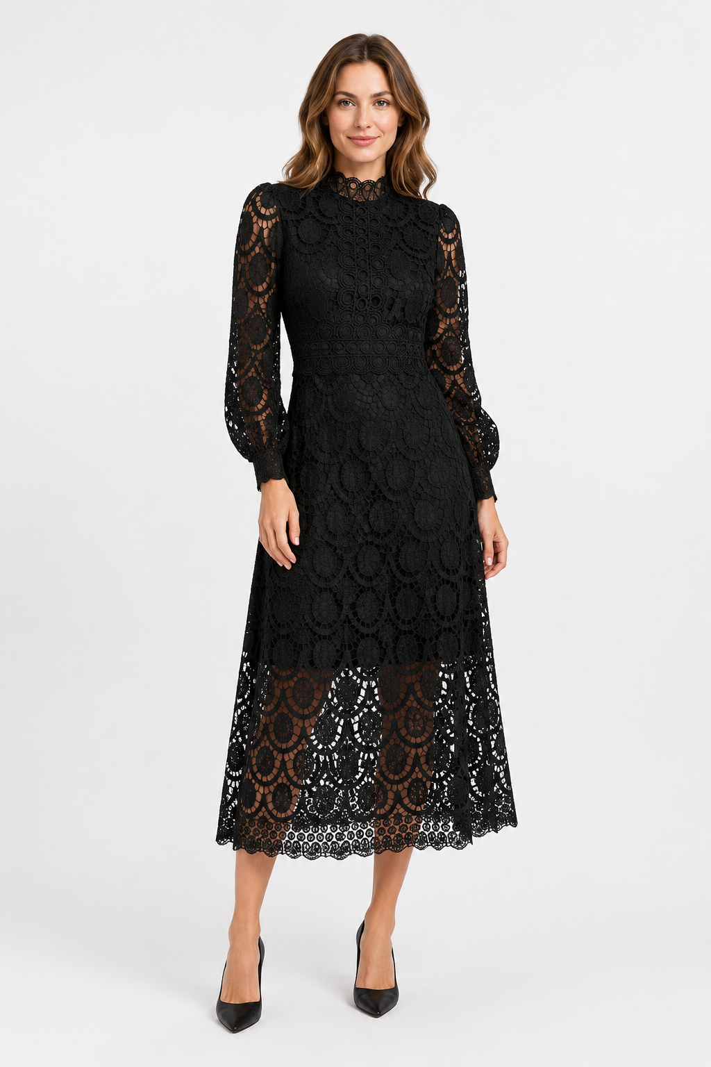 NOMU | Women's Floral Lace Midi Dress – Elegant High Neck Puff Sleeve Party Dress