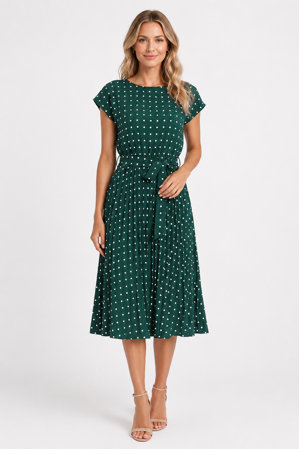 NOMU | Women's Polka Dot Midi Dress – Short Sleeve Tie Waist Pleated Design