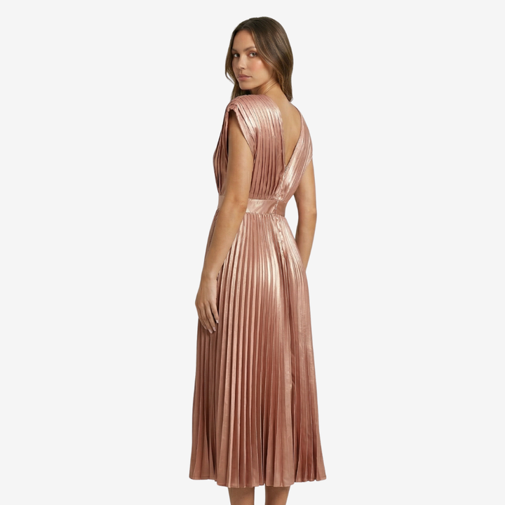 NOMU | Women's Pleated V-Neck Midi Dress – Elegant Sleeveless Flowing Evening Dress