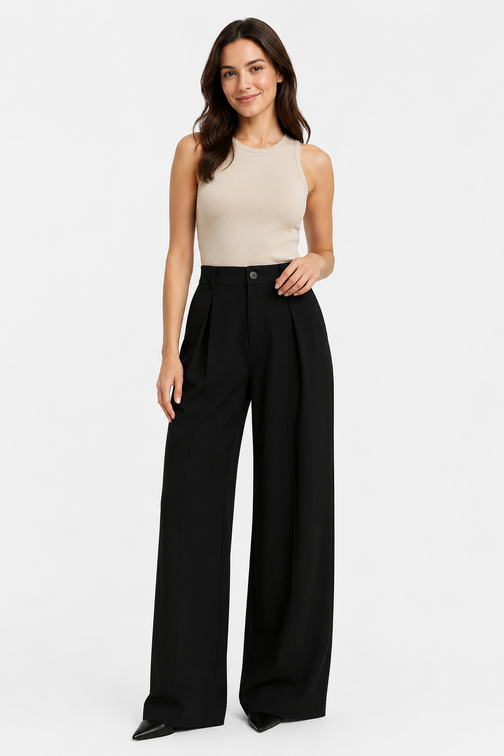 NOMU | Women's High-Waisted Wide Leg Trousers – Elegant Pleated Palazzo Pants