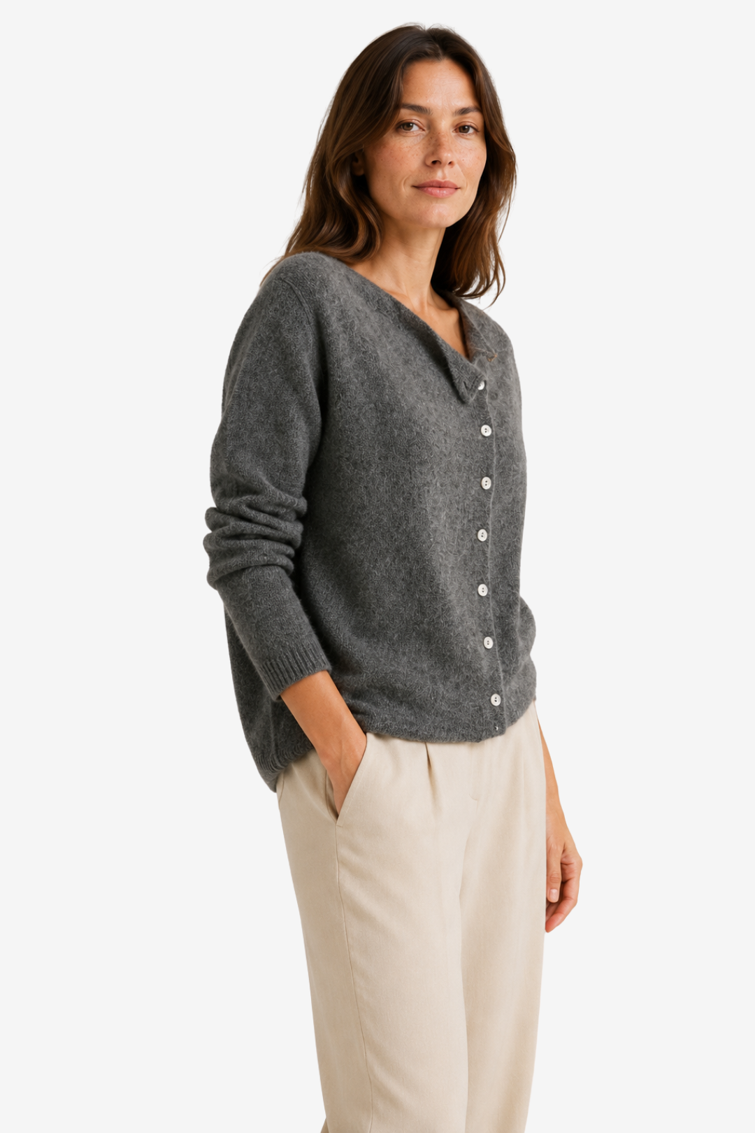NOMU | Women's Button Front Cardigan – Asymmetric Neckline Relaxed Knit Design