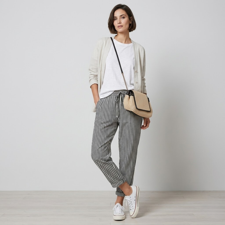 NOMU | Women's Striped Drawstring Pants – Relaxed Fit Casual Ankle Trousers