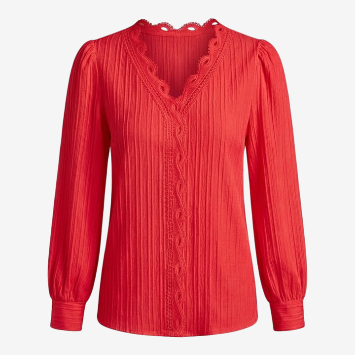 NOMU | Women's Lace Trim Pleated Blouse – Elegant V-Neck Long Sleeve Top