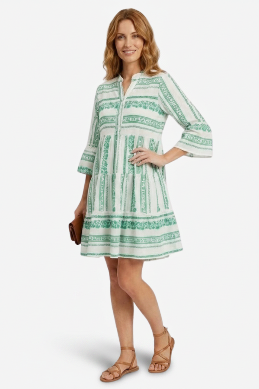 NOMU | Women's Printed Mini Dress – V Neck Button Front Tiered Loose Fit Design
