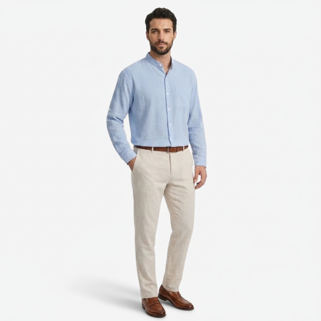 NOMU | Men's Cotton Linen Shirt – Long Sleeve Mandarin Collar Design