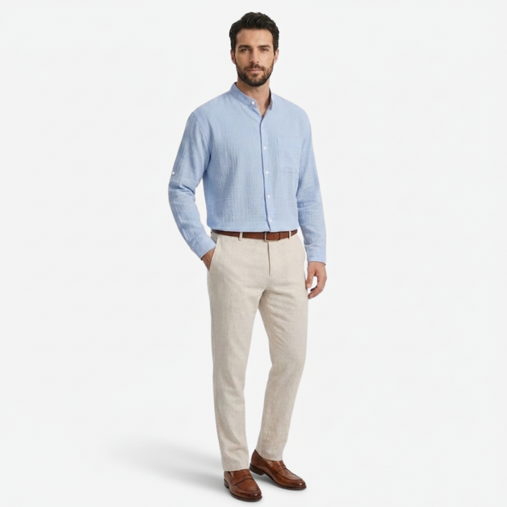 NOMU | Men's Cotton Linen Shirt – Long Sleeve Mandarin Collar Design