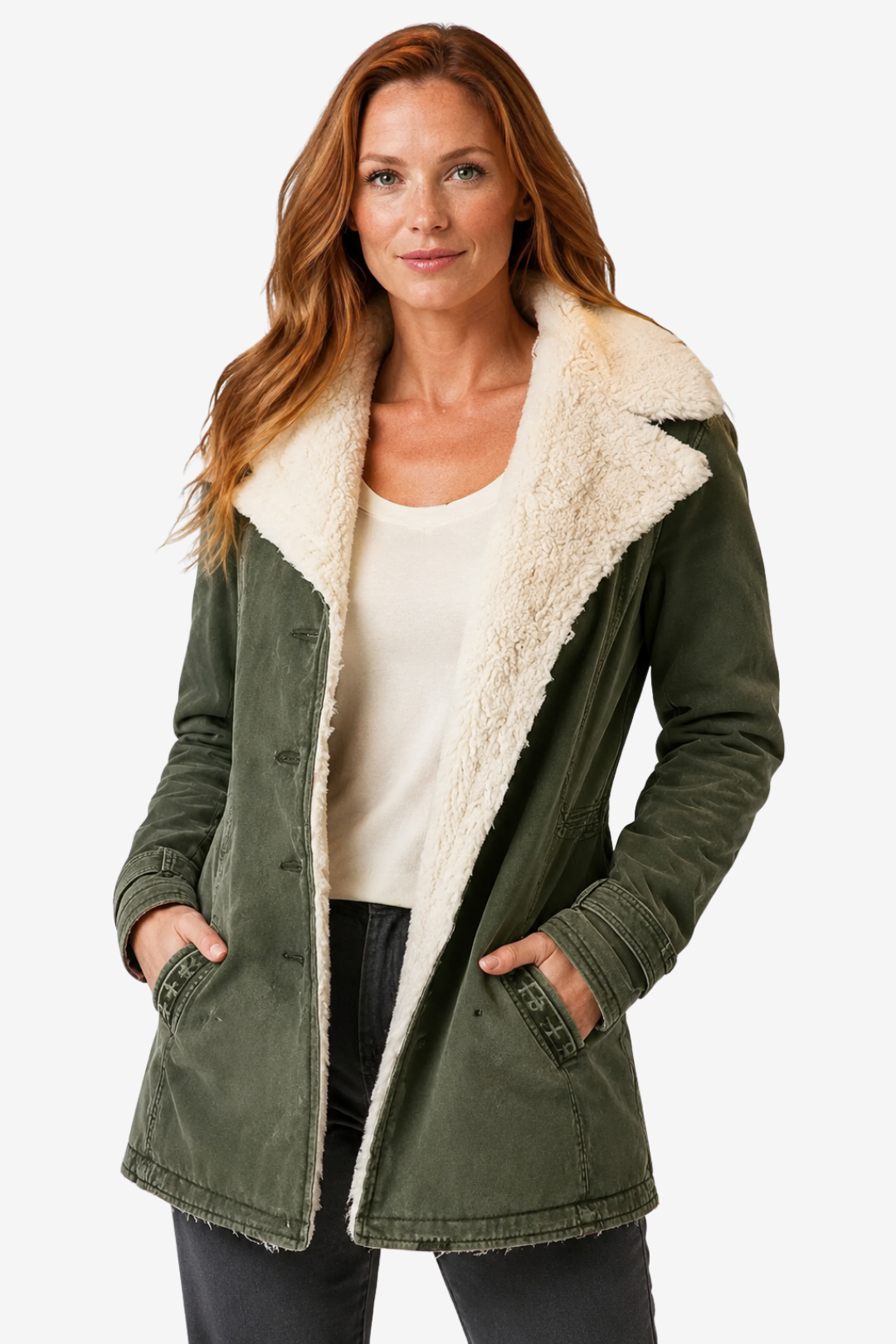 NOMU | Women's Long Sleeved Winter Coat – Fleece Lining with Wide Collar and Button Front Design