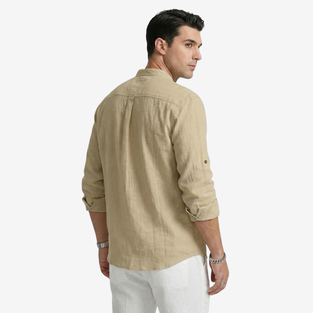 NOMU | Men's Linen Blend Shirt – Long Sleeve Mandarin Collar Button Design