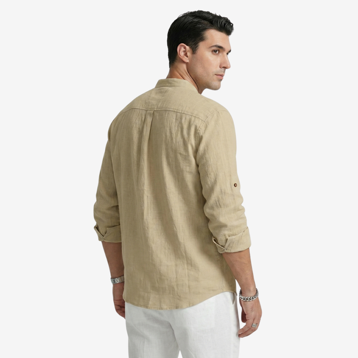 NOMU | Men's Linen Blend Shirt – Long Sleeve Mandarin Collar Button Design