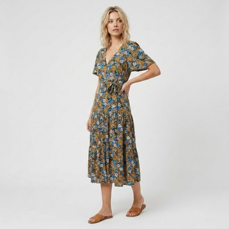 NOMU | Women's Floral Midi Dress – V Neck Short Sleeve Tie Waist Design