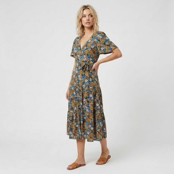 NOMU | Women's Floral Midi Dress – V Neck Short Sleeve Tie Waist Design