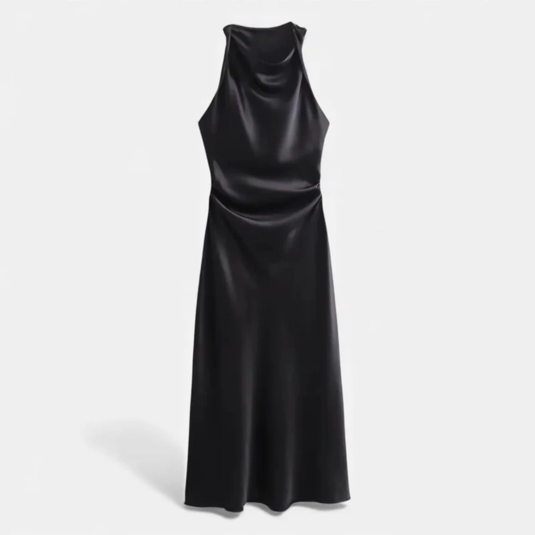 NOMU | Women's Satin Sleeveless Midi Dress – Elegant Draped Evening Slip Dress