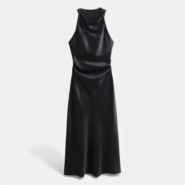 NOMU | Women's Satin Sleeveless Midi Dress – Elegant Draped Evening Slip Dress