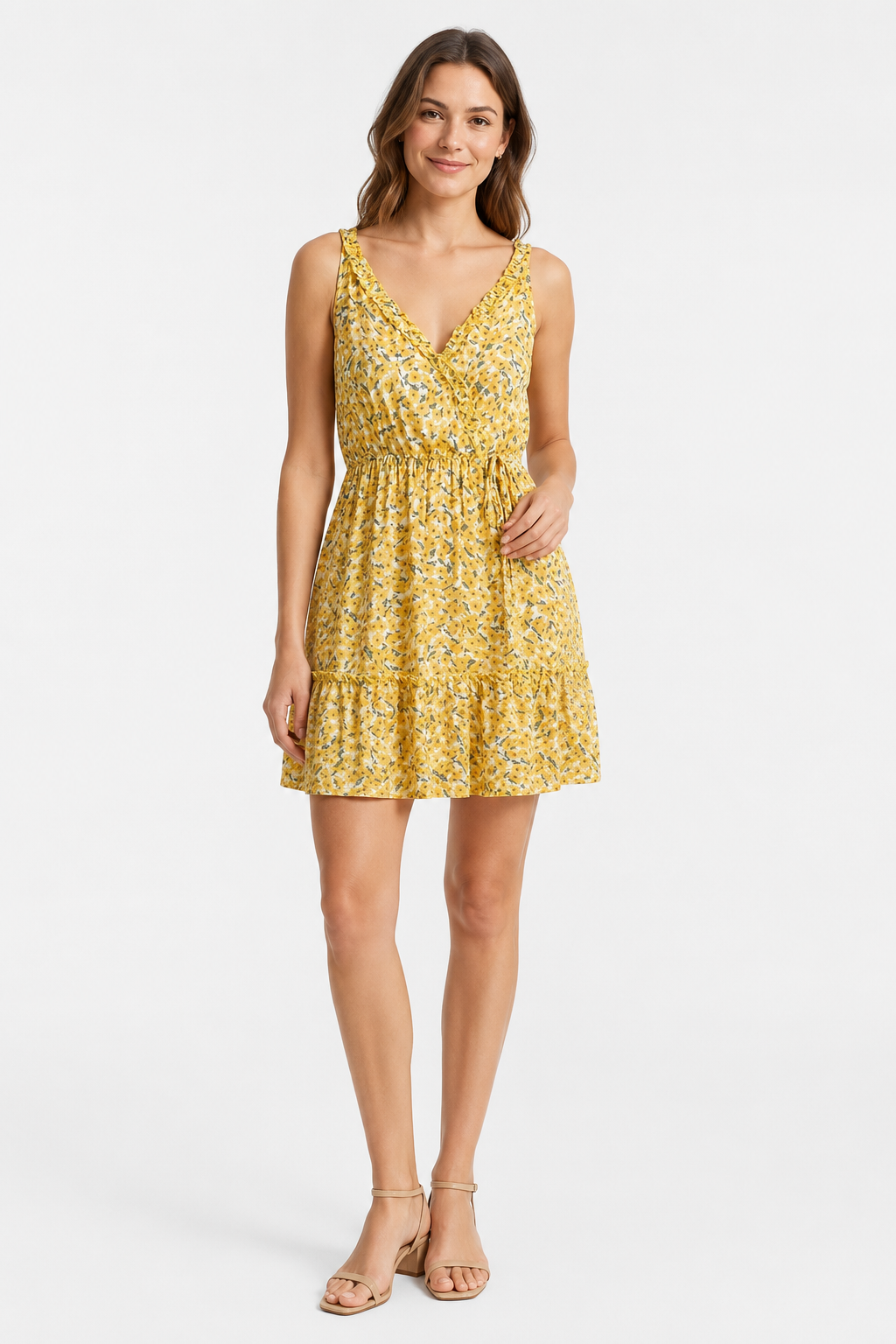 NOMU | Women's Printed Mini Dress – V Neck Ruffle Strap Tie Waist Design