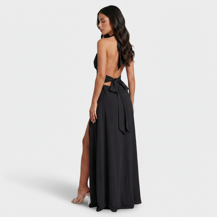 NOMU | Women's Halter Maxi Dress – Deep V Neck Side Slit Fitted Design