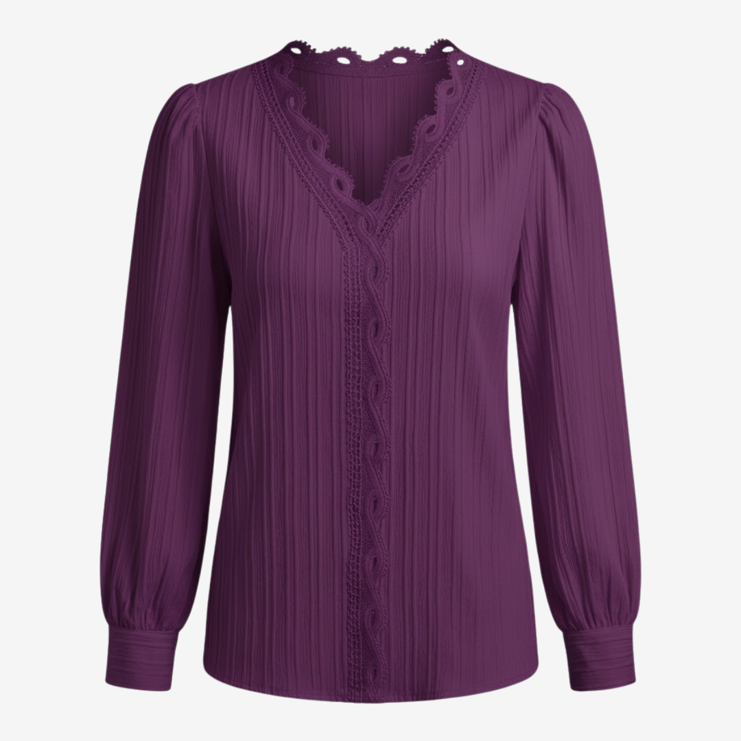 NOMU | Women's Lace Trim Pleated Blouse – Elegant V-Neck Long Sleeve Top