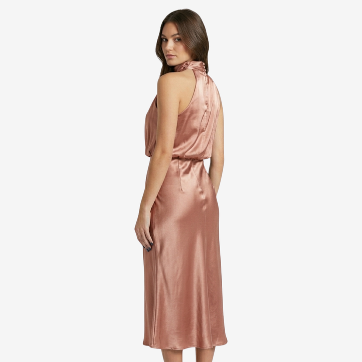 NOMU | Women's Satin High Neck Midi Dress – Elegant Sleeveless Evening Slip Dress