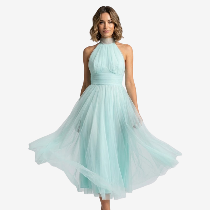 NOMU | Women's Halter Neck Tulle Midi Dress – Elegant Sleeveless Princess Party Dress
