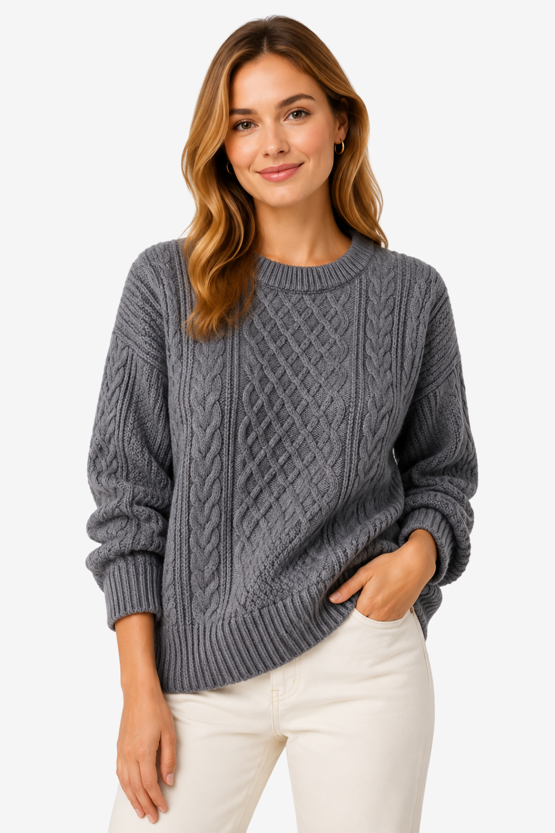 NOMU | Women's Cable Knit Sweater – Textured Crew Neck Relaxed Design