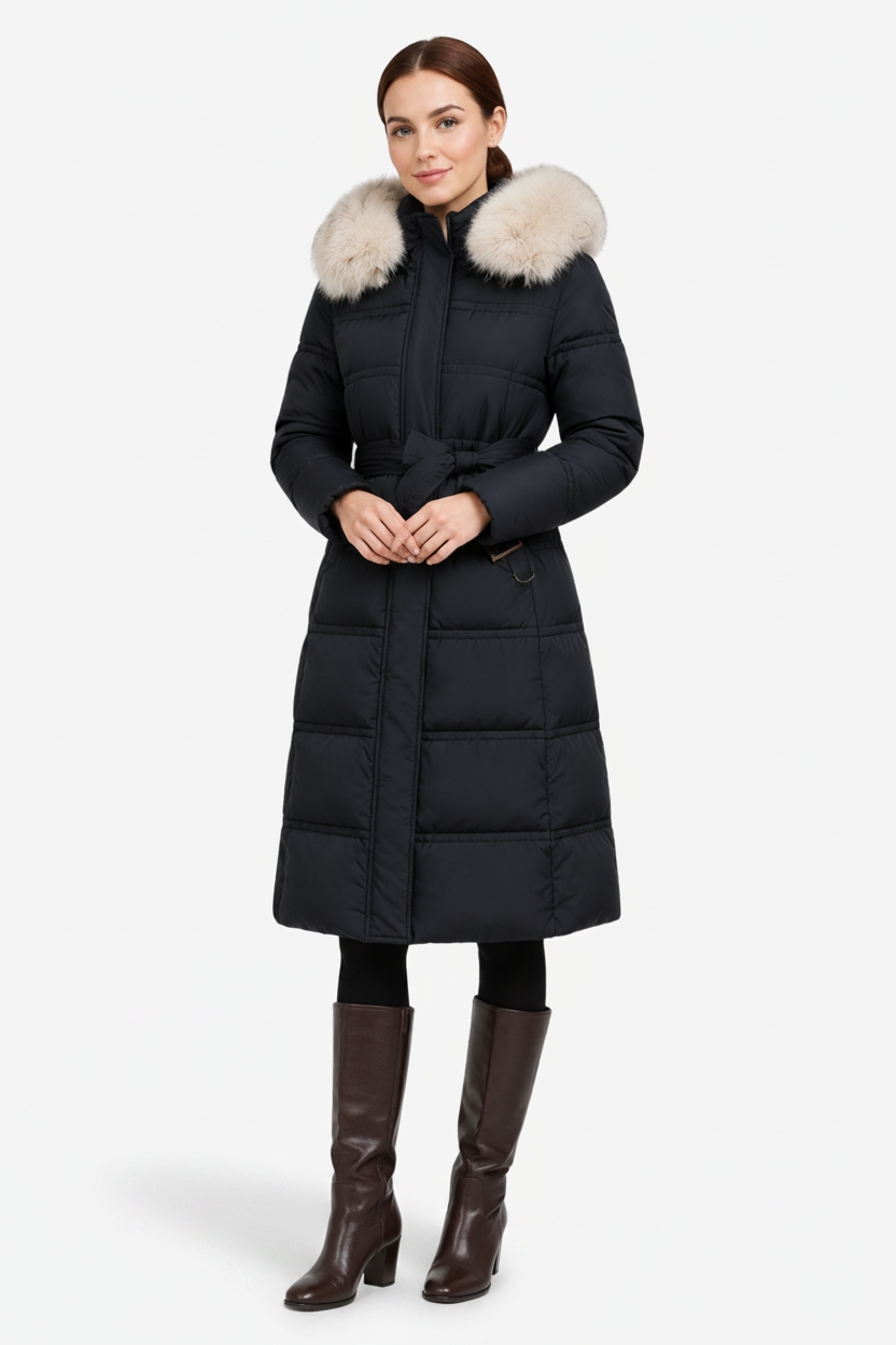 NOMU | Women's Long Puffer Coat – Fitted Waist with Fur Trim Hood
