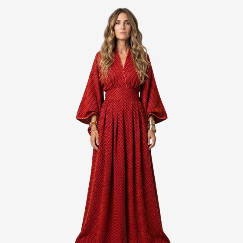 NOMU | Women's Printed Empire Waist Maxi Dress – Elegant Long Sleeve Boho Dress