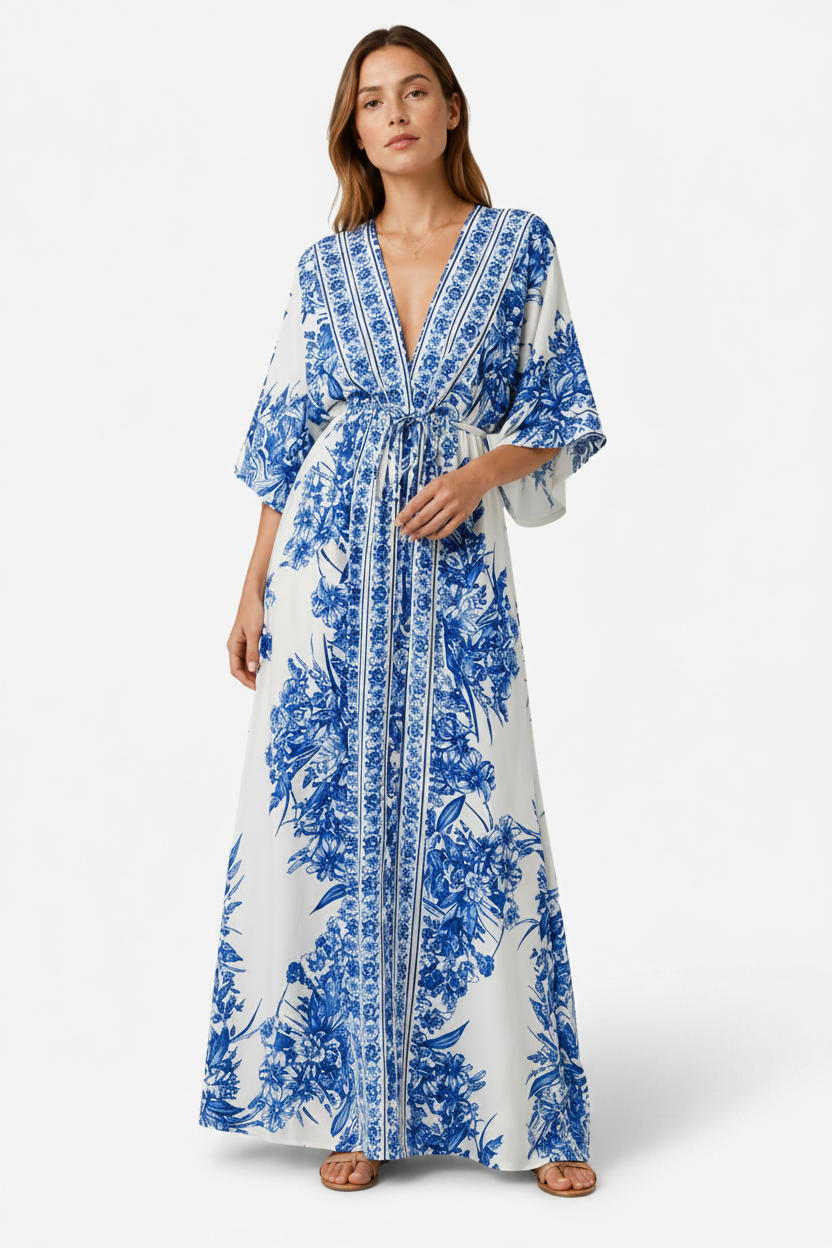NOMU | Women's Printed Maxi Dress – V Neck Kimono Sleeve Tie Waist Relaxed Design