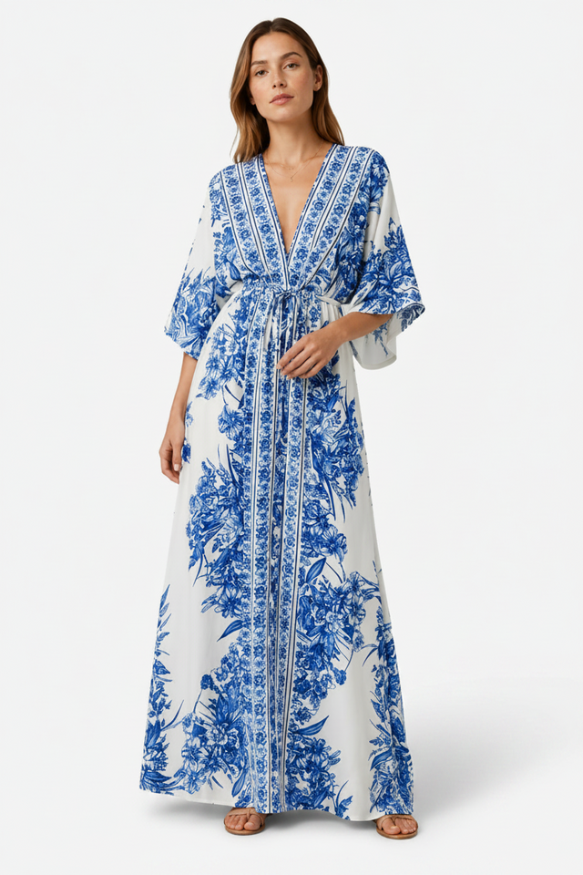 NOMU | Women's Printed Maxi Dress – V Neck Kimono Sleeve Tie Waist Relaxed Design