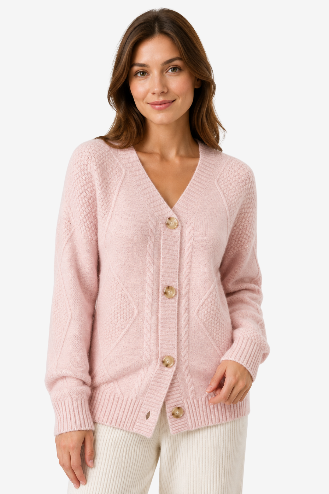 NOMU | Women's Cable Knit Cardigan – V-Neck Button Front Cozy Design