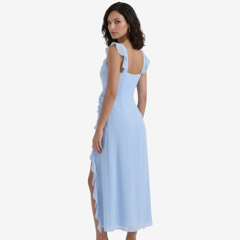 NOMU | Women's Ruffle Trim High Slit Maxi Dress – Elegant Sleeveless Evening Dress