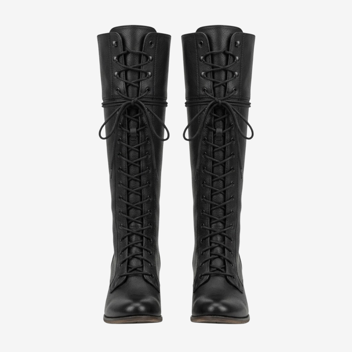 NOMU | Women's Vintage Lace-Up Knee-High Boots – Classic Block Heel Riding Boots