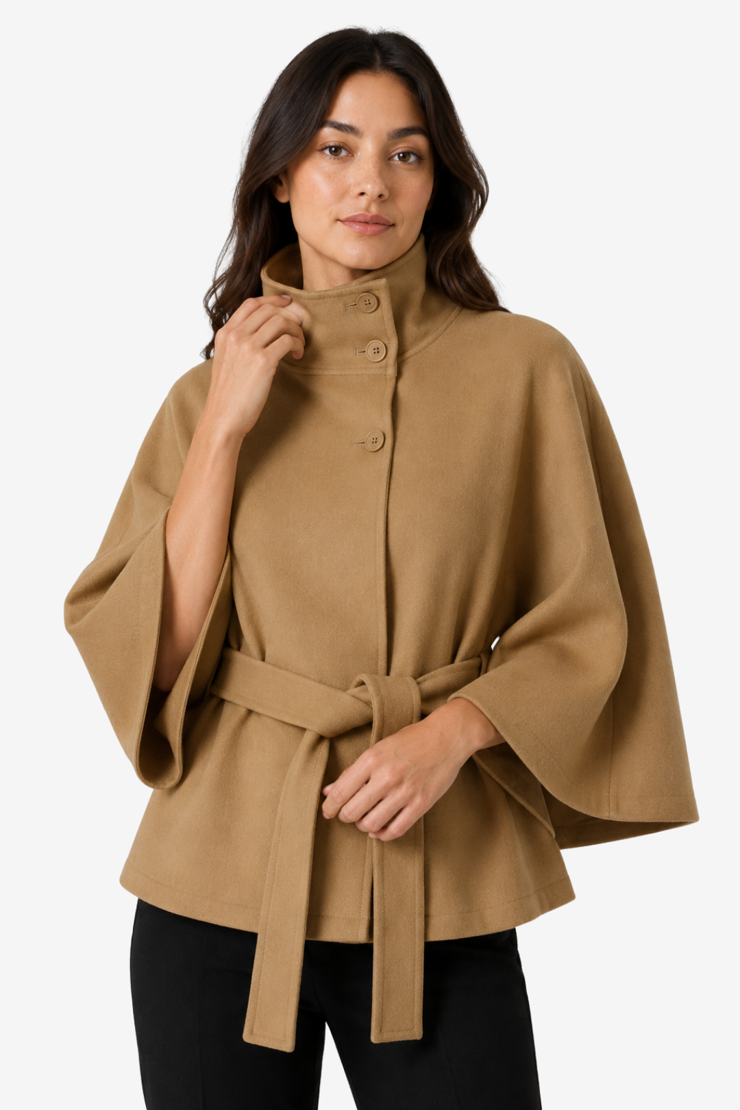 NOMU | Women's Belted Cape Coat – High Collar Wide Sleeve Design