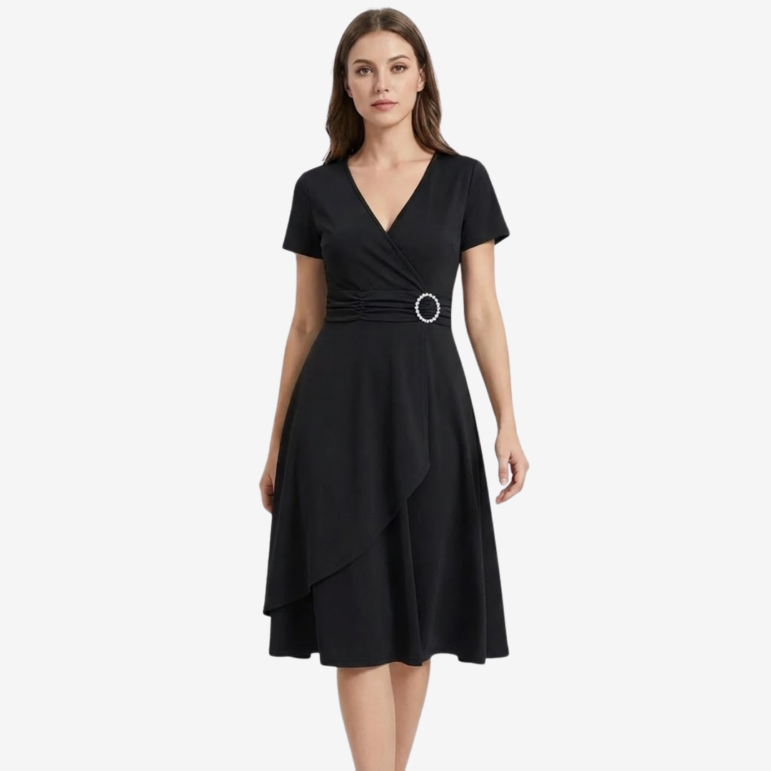 NOMU | Women's Elegant Wrap Midi Dress – Short Sleeve V-Neck Party Dress