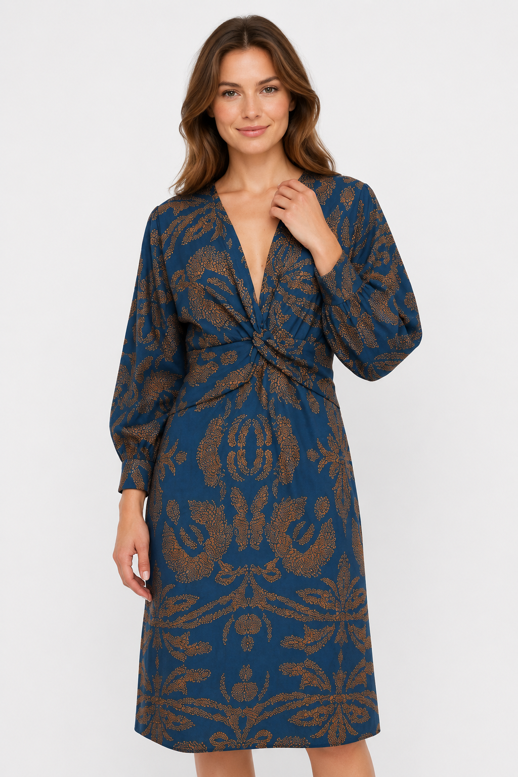 NOMU | Women's Vintage Print Twist Front Midi Dress – Elegant Long Sleeve V-Neck Dress
