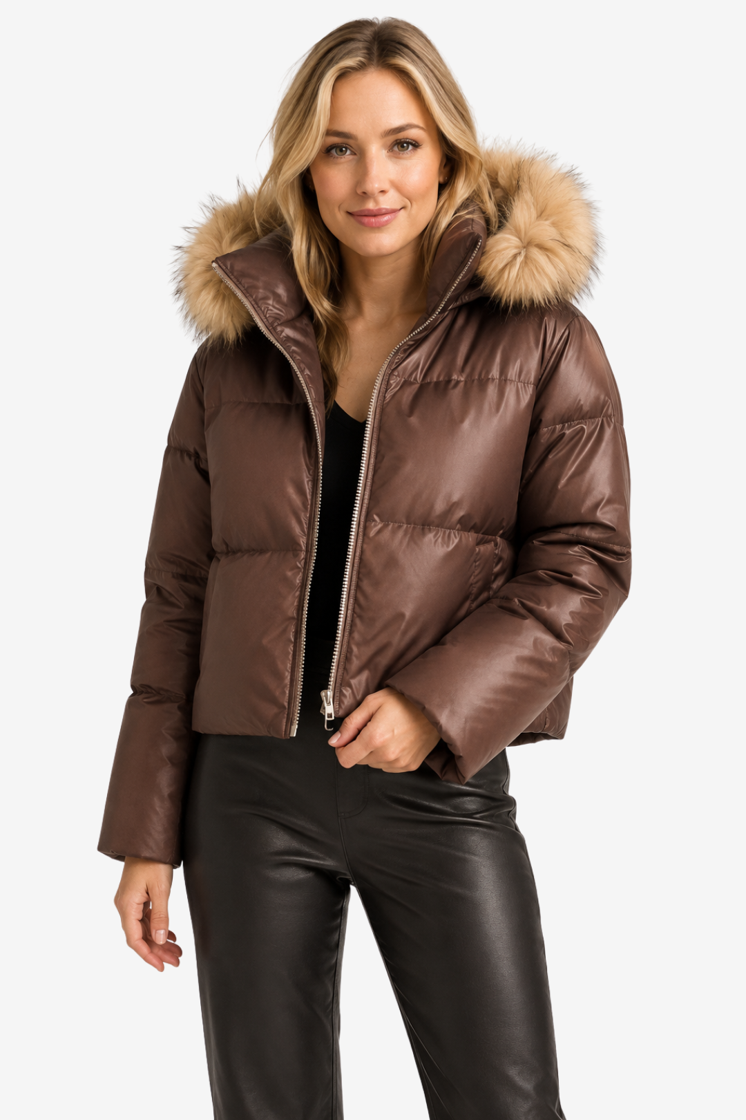 NOMU | Women's Puffer Jacket – Faux Fur Hood Ribbed Trim Zip Up Design