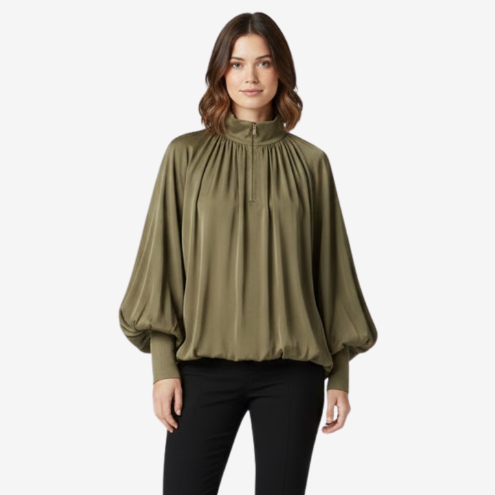 NOMU | Women's Gathered High Neck Blouse – Elegant Balloon Sleeve Top