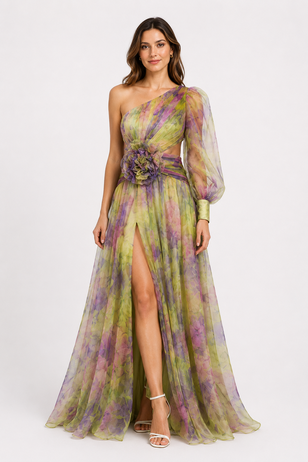 NOMU | Women's Floral One-Shoulder Evening Gown – Elegant High Slit Maxi Dress