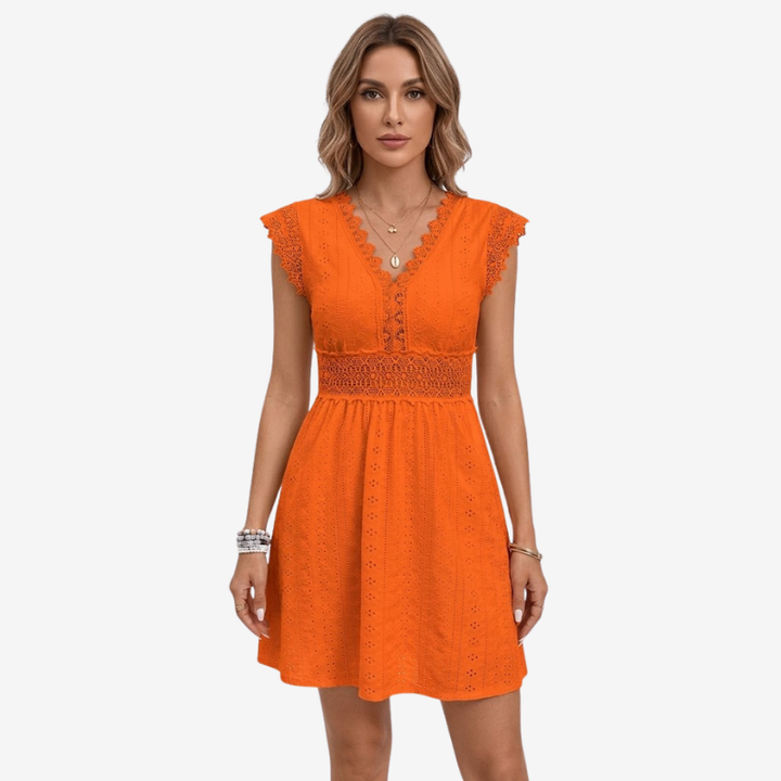 NOMU | Women's Lace Trim Eyelet Mini Dress – Elegant Sleeveless Summer Dress