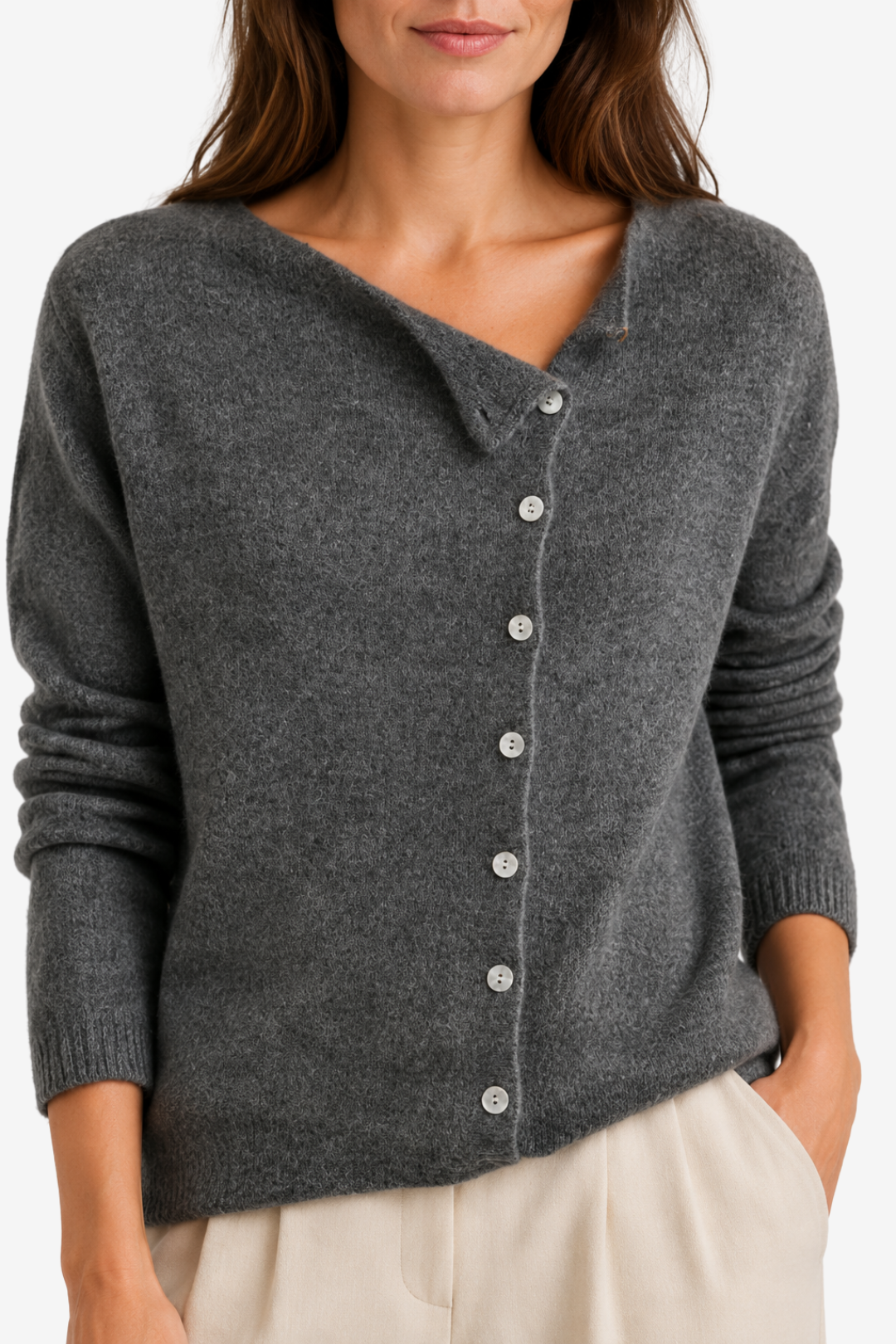 NOMU | Women's Button Front Cardigan – Asymmetric Neckline Relaxed Knit Design