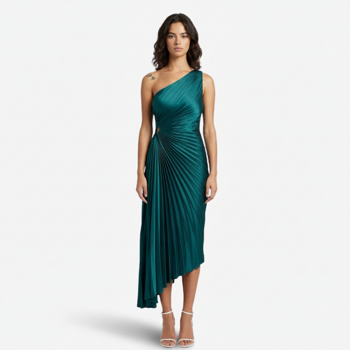 NOMU | Women's One-Shoulder Pleated Midi Dress – Elegant Asymmetrical Evening Dress