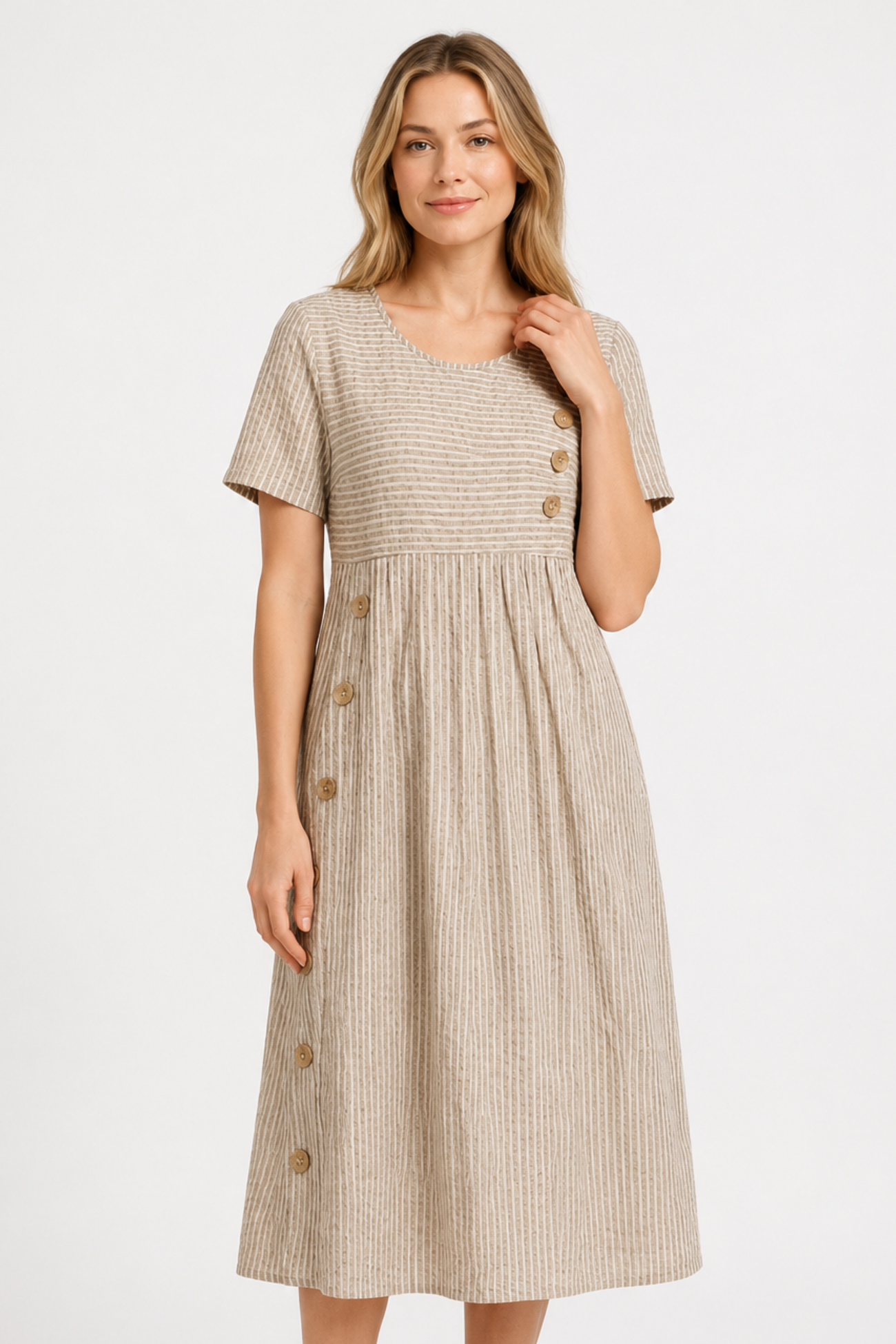 NOMU | Women's Striped Button Detail Midi Dress – Casual Short Sleeve Linen Look Dress