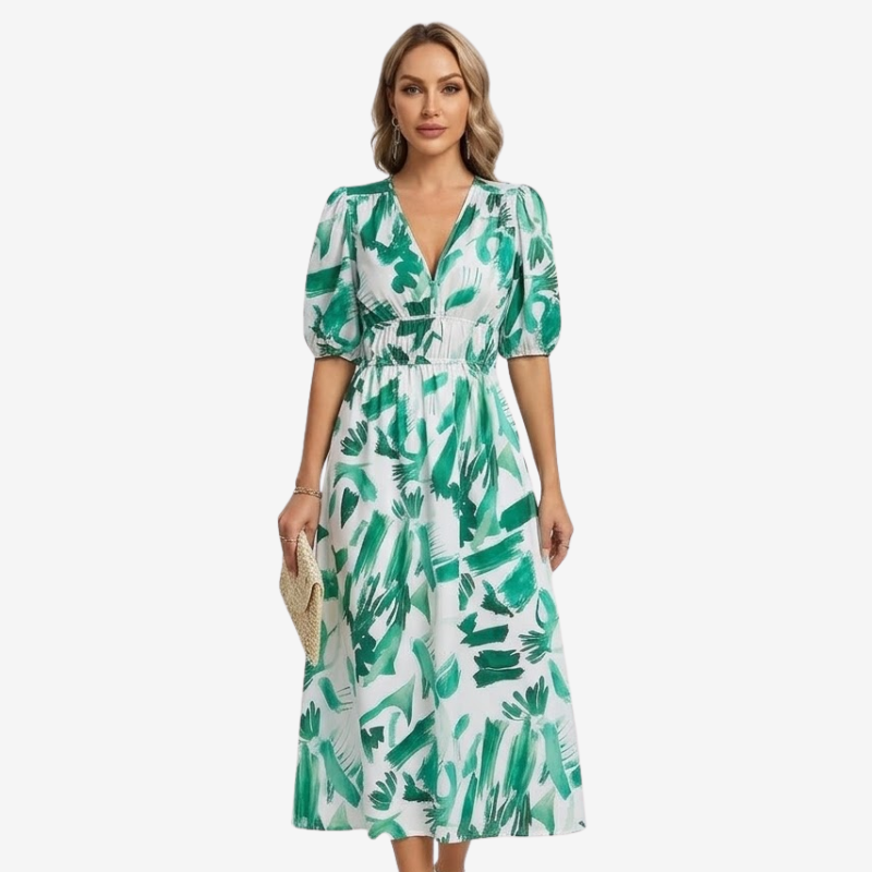 NOMU | Women's Floral V-Neck Midi Dress – Elegant Puff Sleeve Flowing Dress