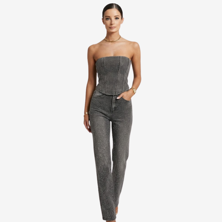 NOMU | Women's Rhinestone Denim Corset & Wide-Leg Jeans Set – Glam Strapless Co-Ord Outfit