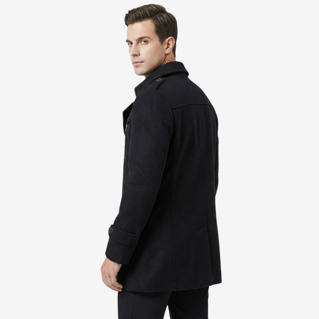 NOMU | Men's Wool Blend Military Overcoat – Tailored Button Front Coat