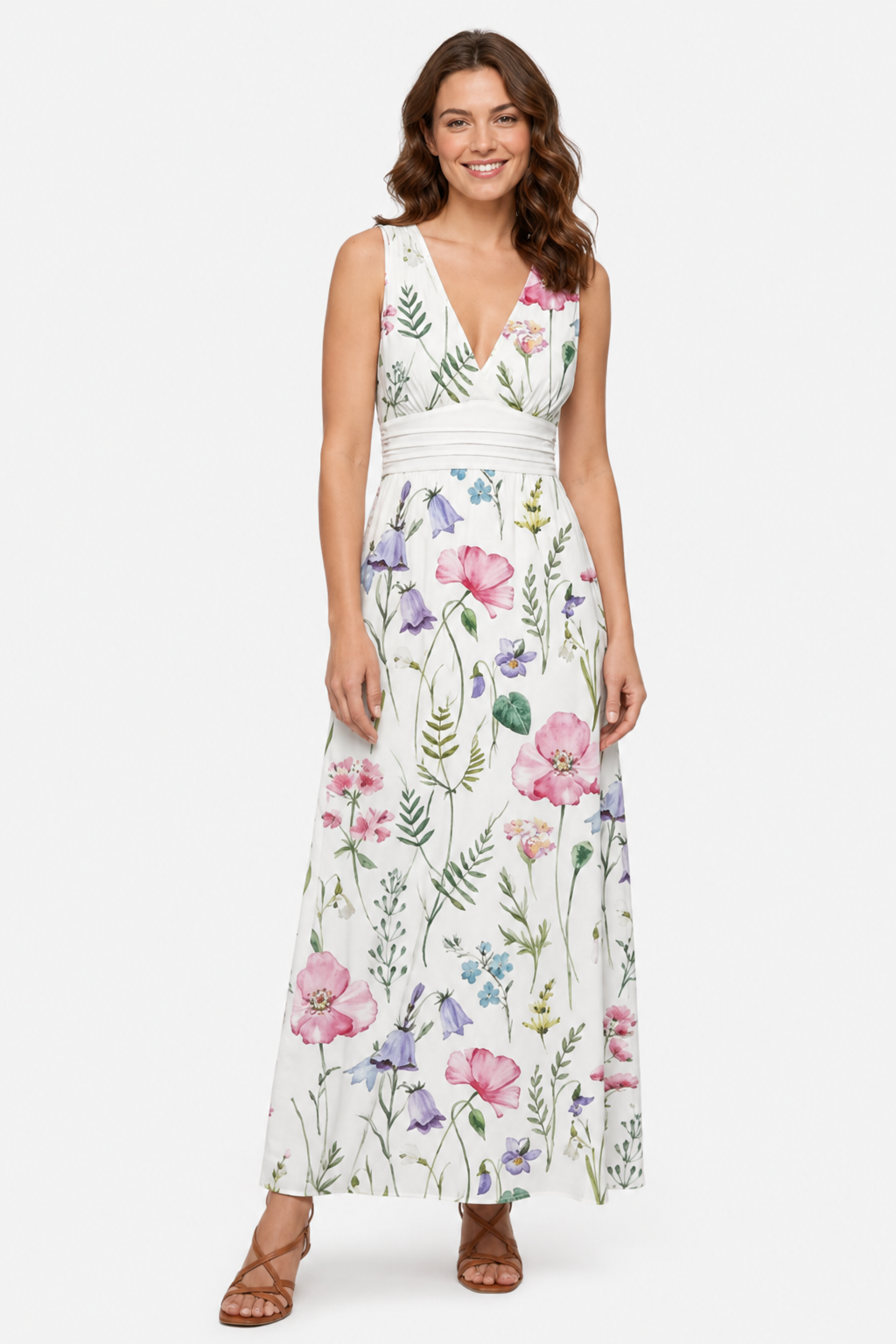 NOMU | Women's Floral V-Neck Maxi Dress – Elegant Sleeveless Flowing Summer Dress